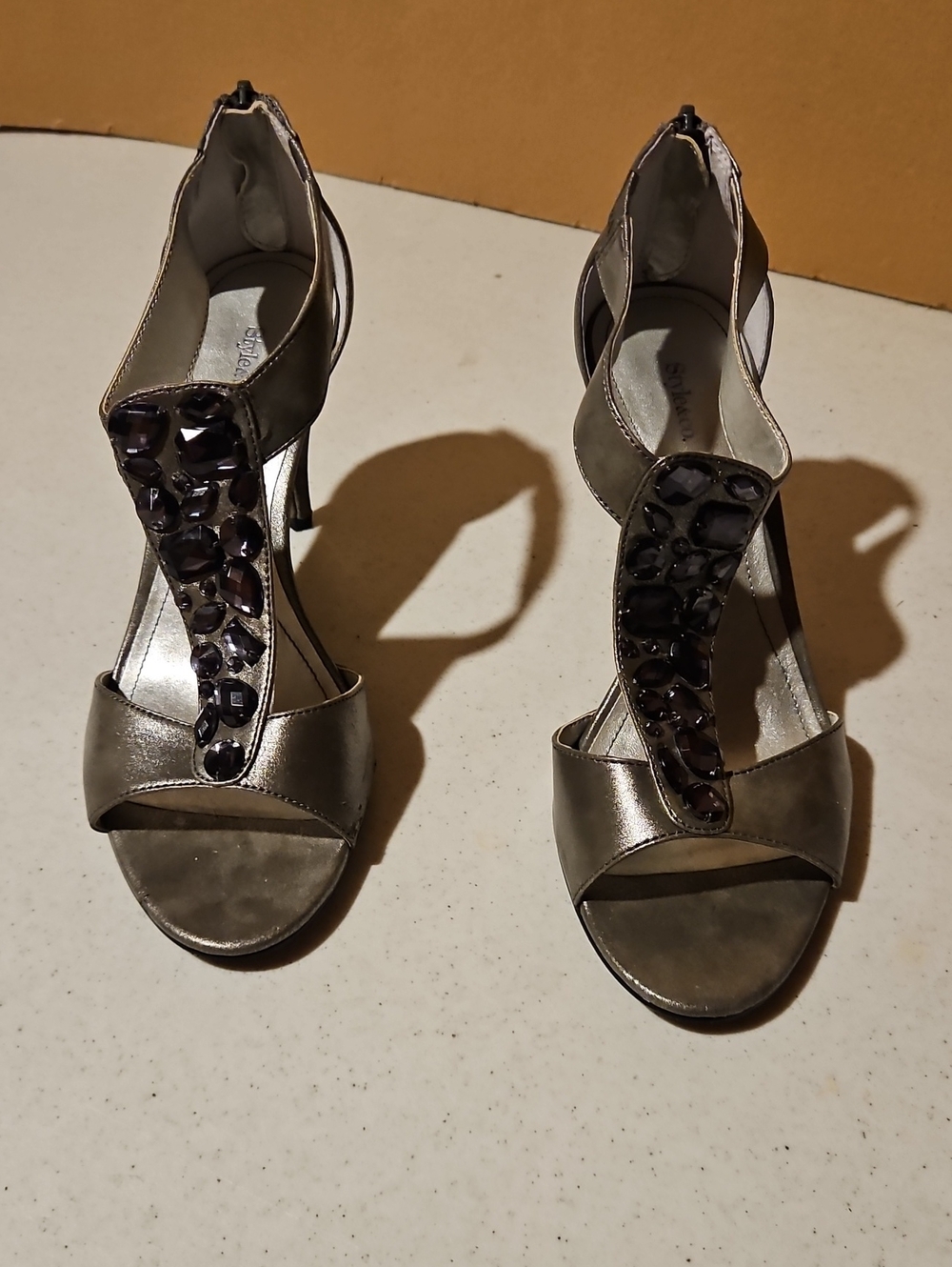 Style & Co. Metallic Silver T-Strap Heels with Dark Gem Embellishments